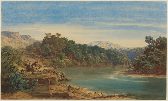 The image shows a landscape with a river, hills in the distance, trees, vegetation along the riverbanks, and mountains in the background. The sky above is blue with streaks of pale yellow near the horizon. The painting features detailed brushstrokes depicting the landscape, with a color palette emphasizing the contrast between the greenery and rocky terrain.