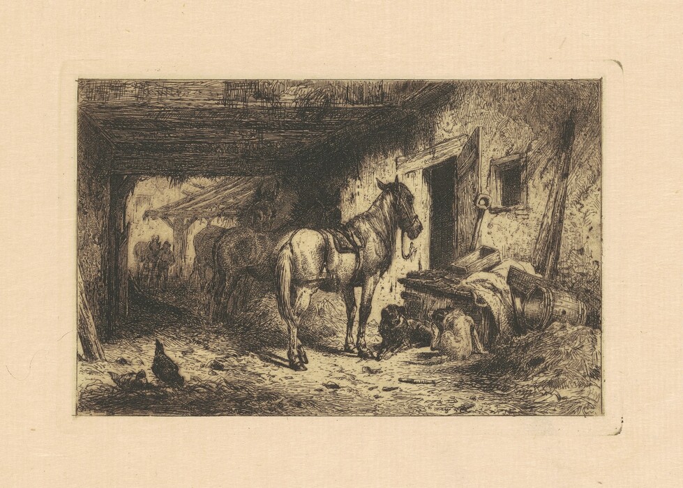 The image shows a narrow, semi-enclosed space resembling a stable or barn. A horse is tethered near the entrance with a canine resting nearby. Further inside, another horse and a group of animals or figures can be seen. The scene is depicted with intricate brushstrokes defining textures, in a monochromatic palette of black, sepia, and off-white. The composition does not feature a traditional horizon.