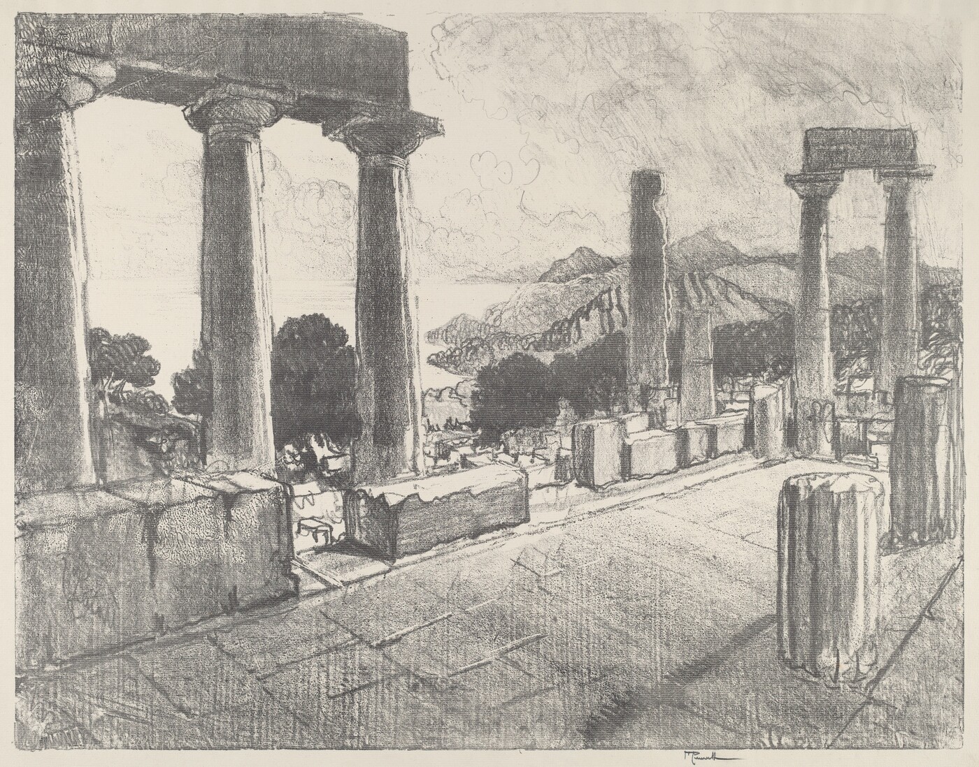 The image shows a classical ruin with large stone columns, some intact and others broken. The background features the sea meeting the sky, with coastal mountains in the distance. The artwork uses bold and varied brushstrokes or charcoal lines to depict the scene, emphasizing the ruggedness of the stone. The color palette is monochromatic, focusing on shades of black, gray, and white to highlight the historic structures. In the distance, hills and the sea are visible, framed by a lightly clouded sky.