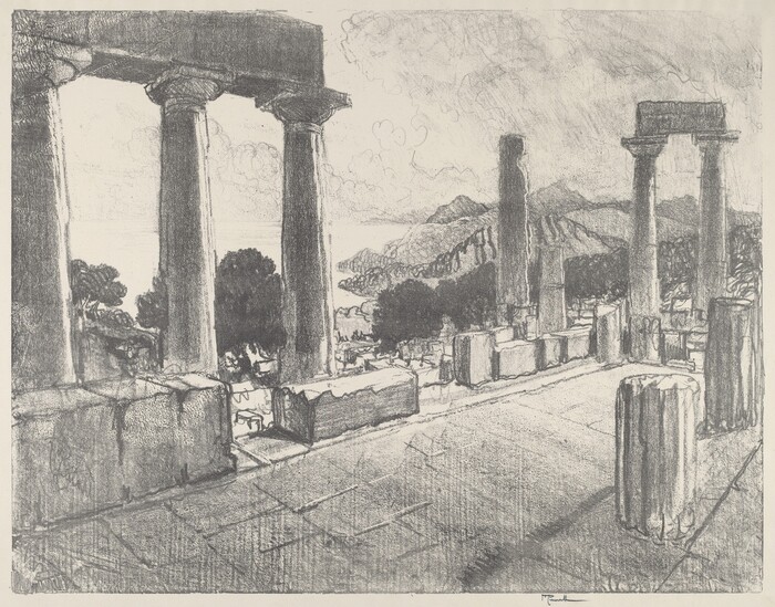 The image shows a classical ruin with large stone columns, some intact and others broken. The background features the sea meeting the sky, with coastal mountains in the distance. The artwork uses bold and varied brushstrokes or charcoal lines to depict the scene, emphasizing the ruggedness of the stone. The color palette is monochromatic, focusing on shades of black, gray, and white to highlight the historic structures. In the distance, hills and the sea are visible, framed by a lightly clouded sky.