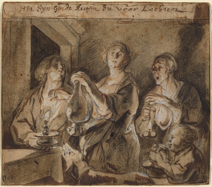 The image shows four figures mainly depicted from the waist up. The central figure holds a large, round-bottomed flask, looking slightly upward. To their left, another figure holds a candle on a candlestick, facing the flask. On the right, a person with short hair tied back holds another candle. Below them, another figure manipulates the base of a candle, with a dog looking up next to them. The setting is an interior with dark shading, suggesting a dim atmosphere.