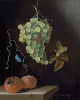 Still Life with a Hanging Bunch of Grapes, Two Medlars, and a Butterfly, Adriaen Coorte, 1687