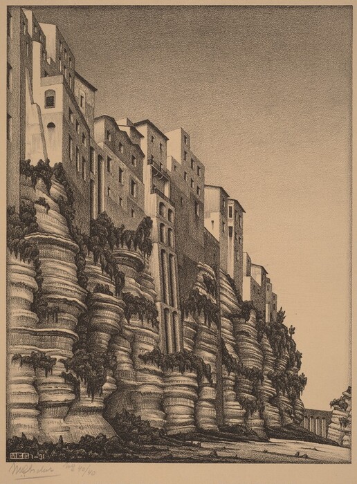 The image shows a series of buildings on a cliff. The buildings have angular facades and are closely packed along the edge of the cliff. There is no visible horizon, focusing on the cliff and the structures. The artwork emphasizes detailed lines for texture on the rock formations and buildings. The color palette is muted with primarily sepia tones. The rock formations have layers and appear as terraces with sporadic vegetation. In the distance, the cliff continues downwards and an arched viaduct is partially visible.