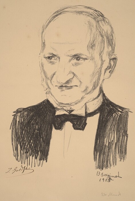 The image is a portrait drawing of an individual. The person is facing slightly to the left, looking directly at the viewer. They have a prominent forehead, receding hair, short hair, an angular nose, deep-set eyes, and slightly pursed lips. The person is wearing a suit with a bow tie, depicted with bold shading. The background is blank. The drawing is signed by the artist in the bottom left corner, and there is an inscription on the right-hand side that may include a date.