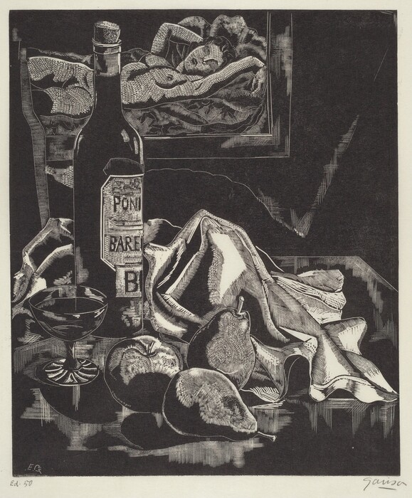 The image features a bottle labeled "Poni Bare" near a fabric-draped surface. There are fruits such as a pear, an apple, and another fruit to the right. The color palette is monochrome with shades of black, white, and gray. The bottle is in the foreground on the left side, surrounded by the fruits. The drapery serves as the background. In the upper background, a figure is reclining, visible between grapevines.