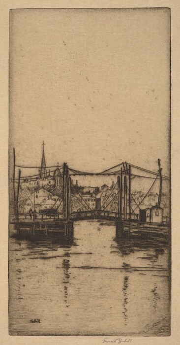 The image displays a bridge in an etched or sketched style. The perspective is from below, showcasing its structural elements, including cables and supports. In the background, there are buildings and possibly a church with a tall spire slightly to the left. The water's surface is textured with reflections. The color palette is primarily sepia and black, creating a vintage feel. The bridge is the central focus, with the cityscape providing context.