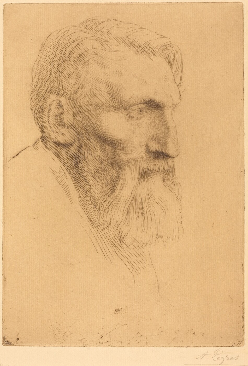 The image is a detailed drawing of a man's head and neck in profile view. The man has an angular face with pronounced features, a long, full beard, short hair combed back, and a light and wispy texture. He appears to be dressed in a high-collared garment. There are no visible jewelry or objects. The background is a plain, light-colored surface with subtle texture, focusing on the man's facial profile.