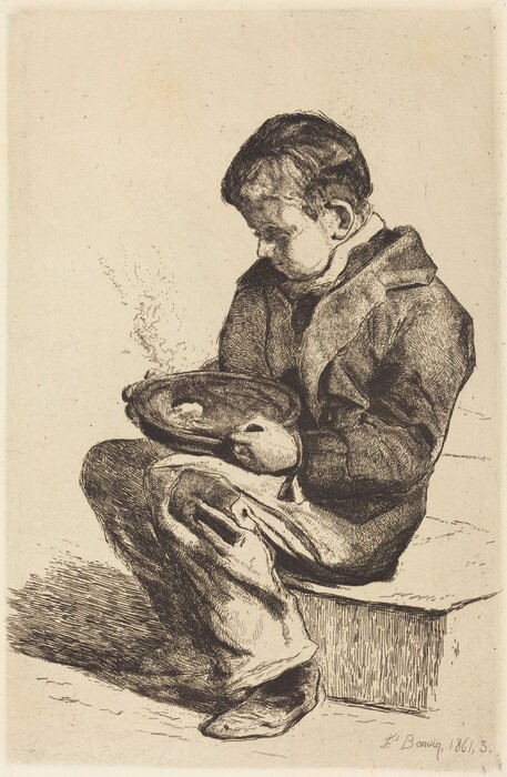 The image shows a young boy sitting on a rectangular block. He is facing slightly to the side and looking down at the object in his hands. The boy has a youthful face, short dark hair, and wears a long-sleeved coat and loose pants. He is holding a shallow bowl from which steam rises. The background is plain.