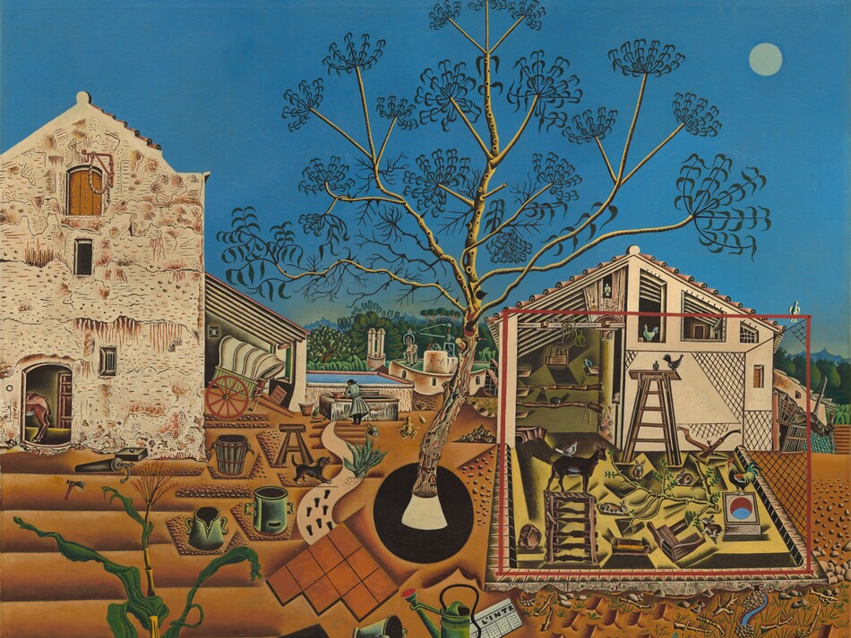 Two angular, cream-white buildings flanking a central, stylized tree are surrounded by brown soil, small animals, and farmhouse objects like watering cans and buckets beneath a clear, azure-blue sky in this square landscape painting. We look straight onto the buildings and slightly down onto the earth in front of us. About a third of the way up the composition, the horizon is lined with trees and mountains in the deep distance. The long, spindly branches of the central tree nearly reach the top edge of the painting and abstracted, sickle-shaped leaves are silhouetted against the sky so no leaves overlap. The far edge of the whitewashed structure to our left is cropped. The façade is pierced by two small rectangular windows and an arched hatch at the top under a winch. The back end of a horse is visible through an open door at the bottom center. Horizontal bands in front of the building suggest furrows in plowed earth, and a single stalk of corn grows up into the scene, seeming close to us. A pen protected by netting stretches out in front of the second structure, to our right of center. That wood-frame building has a triangular peaked roof, and the left half is open, like a lean-to. A goat, rooster, birds, and several rabbits occupy the pen. Watering cans, buckets and pails, a hoe, newspaper, lizard, and snail are spaced around the buildings. A tiny stylized person, perhaps a baby, appears in the distance between the buildings near a well where a woman works. A covered wagon, a round mill, trees, and plants fill the rest of the space between the buildings. A disk-like moon hangs in the sky to the right of the tree. The artist signed and dated the lower left corner, "Miro. 1921-22."
