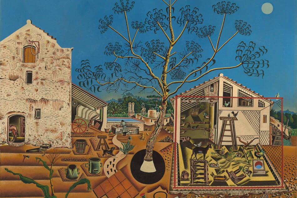 Two angular, cream-white buildings flanking a central, stylized tree are surrounded by brown soil, small animals, and farmhouse objects like watering cans and buckets beneath a clear, azure-blue sky in this square landscape painting. We look straight onto the buildings and slightly down onto the earth in front of us. About a third of the way up the composition, the horizon is lined with trees and mountains in the deep distance. The long, spindly branches of the central tree nearly reach the top edge of the painting and abstracted, sickle-shaped leaves are silhouetted against the sky so no leaves overlap. The far edge of the whitewashed structure to our left is cropped. The façade is pierced by two small rectangular windows and an arched hatch at the top under a winch. The back end of a horse is visible through an open door at the bottom center. Horizontal bands in front of the building suggest furrows in plowed earth, and a single stalk of corn grows up into the scene, seeming close to us. A pen protected by netting stretches out in front of the second structure, to our right of center. That wood-frame building has a triangular peaked roof, and the left half is open, like a lean-to. A goat, rooster, birds, and several rabbits occupy the pen. Watering cans, buckets and pails, a hoe, newspaper, lizard, and snail are spaced around the buildings. A tiny stylized person, perhaps a baby, appears in the distance between the buildings near a well where a woman works. A covered wagon, a round mill, trees, and plants fill the rest of the space between the buildings. A disk-like moon hangs in the sky to the right of the tree. The artist signed and dated the lower left corner, "Miro. 1921-22."