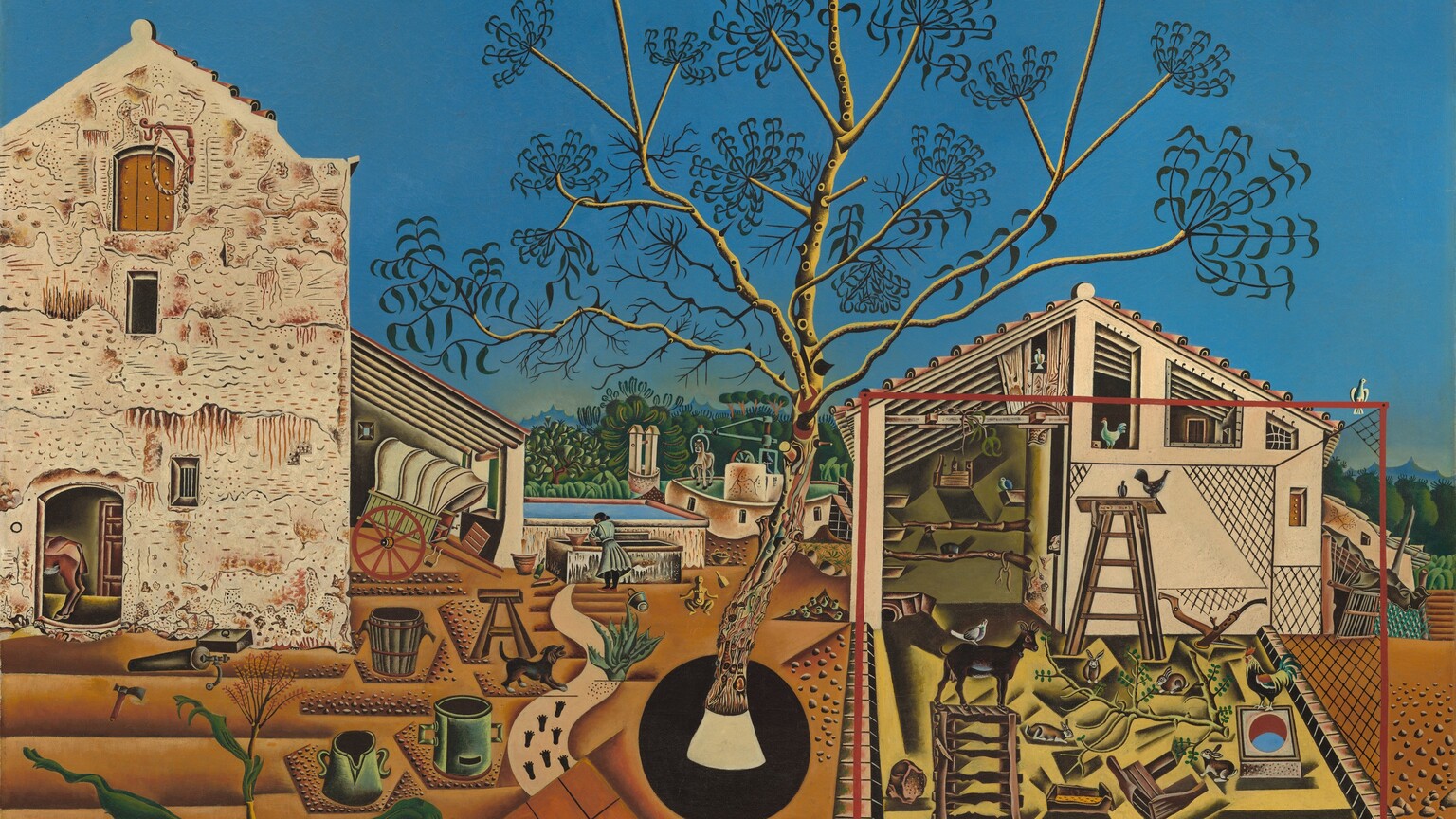 Two angular, cream-white buildings flanking a central, stylized tree are surrounded by brown soil, small animals, and farmhouse objects like watering cans and buckets beneath a clear, azure-blue sky in this square landscape painting. We look straight onto the buildings and slightly down onto the earth in front of us. About a third of the way up the composition, the horizon is lined with trees and mountains in the deep distance. The long, spindly branches of the central tree nearly reach the top edge of the painting and abstracted, sickle-shaped leaves are silhouetted against the sky so no leaves overlap. The far edge of the whitewashed structure to our left is cropped. The façade is pierced by two small rectangular windows and an arched hatch at the top under a winch. The back end of a horse is visible through an open door at the bottom center. Horizontal bands in front of the building suggest furrows in plowed earth, and a single stalk of corn grows up into the scene, seeming close to us. A pen protected by netting stretches out in front of the second structure, to our right of center. That wood-frame building has a triangular peaked roof, and the left half is open, like a lean-to. A goat, rooster, birds, and several rabbits occupy the pen. Watering cans, buckets and pails, a hoe, newspaper, lizard, and snail are spaced around the buildings. A tiny stylized person, perhaps a baby, appears in the distance between the buildings near a well where a woman works. A covered wagon, a round mill, trees, and plants fill the rest of the space between the buildings. A disk-like moon hangs in the sky to the right of the tree. The artist signed and dated the lower left corner, "Miro. 1921-22."