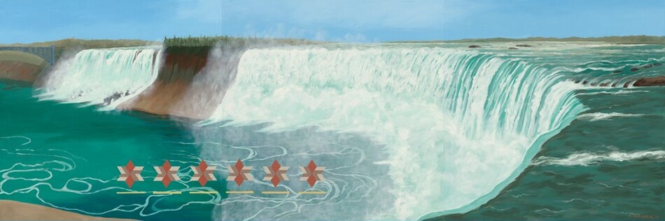 The image features a waterfall, potentially Horseshoe Falls at Niagara Falls. The viewpoint is elevated, overlooking the cascading water. The horizon line is high with land and water meeting in the distance. A bridge spans over the edge of the falls to the left. The brushstrokes are smooth, capturing the water's movement. The color palette consists of aquamarine, turquoise, white, and subtle earthy tones for the rocks and bridge. Red and beige star shapes add decoration. The sky is clear blue.