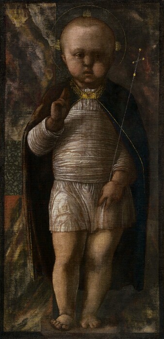 Nearly filling this vertical painting, a young, light-skinned child stands with a delicate scepter tucked into one elbow as he holds up his other hand with the first two fingers raised. The child is lit from our left, but the overall tone of the painting is shadowy and dark. His body faces us, and he looks off to our right with round, deeply shaded eyes. He has short blond hair and a tall forehead, chubby cheeks, and his bow lips are parted. Short, gold rays emanate from the sides and top of his head within a thin gold band to create a halo. He wears a thigh-length, white tunic, and more of that fabric is wrapped around his torso. His dark, burgundy-red cape falls open across his shoulders and down to his calves, and is edged with gold around the collar and down the front. A rectangular, jewel-encrusted gold clasp holds it closed at the throat. He stands with most of his weight on his left leg, to our right, on bare feet. His right hand, to our left, is raised to his chest with the first two fingers extended up. The delicate silver scepter he holds with his other hand is topped with a cross. Swirling patches of muted brick red, harvest yellow, pine green, and off white behind him could be a tapestry. A thin, dark band creates a border around the edges of the painting.