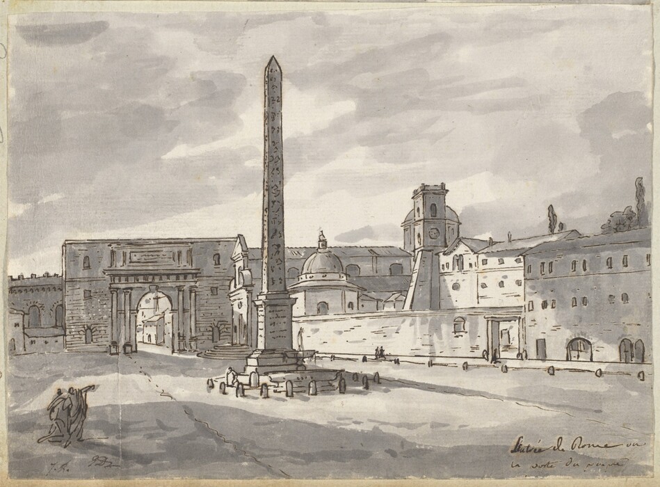 This image features a city view captured from a slightly elevated perspective. A tall obelisk is at the center of the image, surrounded by small pillars. On the left is an archway with a structured facade. The horizon is visible, divided by architectural elements like buildings and cupolas. The illustration has precise brushstrokes outlining architectural features with a color palette of gray, beige, and sepia. Two human figures are in motion in the foreground, and in the distance, there are additional spires and rooftops under a cloudy sky.