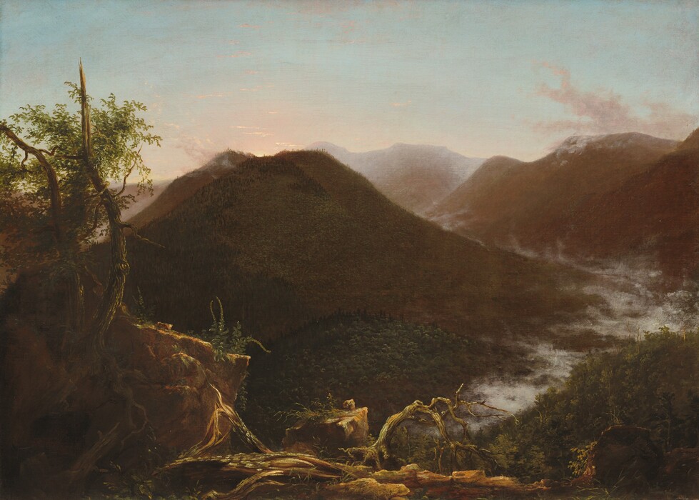 Hulking mountains are mostly backlit against a watery blue sky edged with shell pink along the horizon, which comes about two-thirds of the way up this horizontal landscape painting. Light falls across felled and gnarled trees along the bottom edge of the canvas. Two thin trunks, one of them broken to a jagged point, rise along the left edge of the composition with their green leaves outlined against the sky. The land dips steeply away into a valley wending between forested mountains. Fog has settled along the valley like a river of mist. The mountains lighten from dark, earthy green and brown close to us to muted fawn-brown in the distance. A sliver of pale-yellow sun peeks over the summit of the nearest mountain, which is to our left. Clouds kick up over the distant mountaintops, and a few wisps of peach-colored clouds float across the blue sky above. The artist signed and dated the work in black paint on a branch on the ground in the lower center, “T. Cole 1826.”