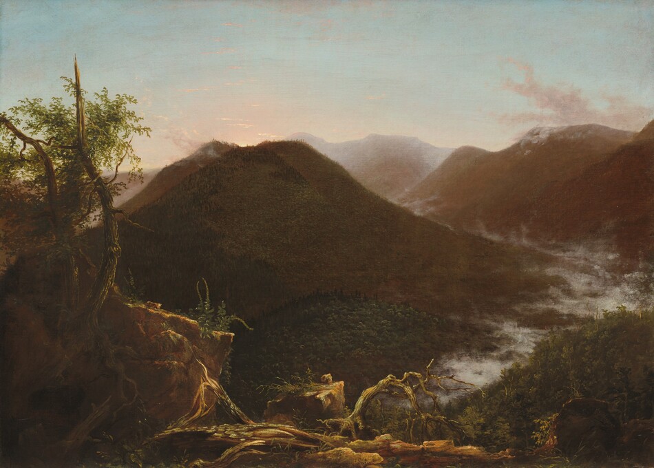 Hulking mountains are mostly backlit against a watery blue sky edged with shell pink along the horizon, which comes about two-thirds of the way up this horizontal landscape painting. Light falls across felled and gnarled trees along the bottom edge of the canvas. Two thin trunks, one of them broken to a jagged point, rise along the left edge of the composition with their green leaves outlined against the sky. The land dips steeply away into a valley wending between forested mountains. Fog has settled along the valley like a river of mist. The mountains lighten from dark, earthy green and brown close to us to muted fawn-brown in the distance. A sliver of pale-yellow sun peeks over the summit of the nearest mountain, which is to our left. Clouds kick up over the distant mountaintops, and a few wisps of peach-colored clouds float across the blue sky above. The artist signed and dated the work in black paint on a branch on the ground in the lower center, “T. Cole 1826.”