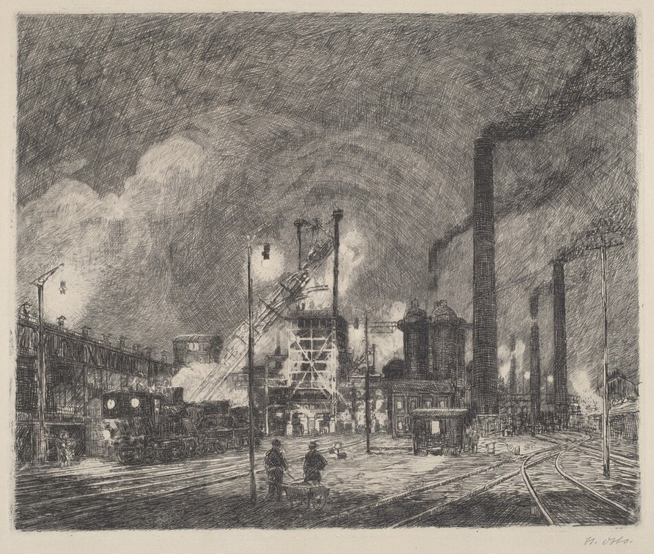 The image features an industrial scene with a high perspective. Industrial structures with smokestacks emitting smoke dominate the horizon under a cloudy sky. The brushstroke technique creates texture, especially in the sky. The color palette is grayscale, emphasizing the contrast between the smokestacks and the sky. Two figures, one pushing a cart, are visible near industrial machinery, including a locomotive. The scene conveys busy industrial activity around railroad tracks.