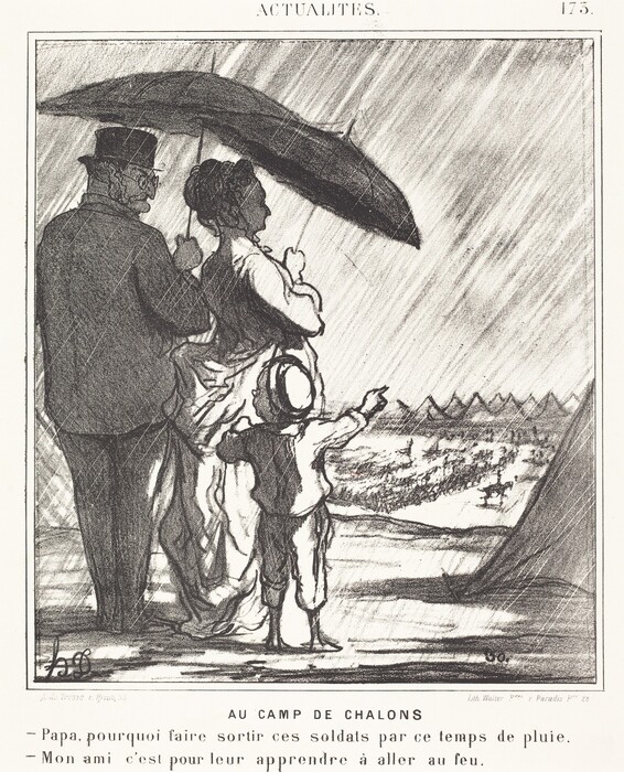 This is an illustration of three figures standing together. On the left, an adult man with a coat and top hat holds an umbrella over himself and the woman next to him. The woman in the middle wears a bonnet and a dress with a bustle. She holds the man's arm, and her face is shown in profile with her hair styled up. A child is on the other side, pointing towards a group of soldiers practicing or marching in the rain in the background. The scene is outdoors with faint outlines of tents or structures suggesting a camp.
