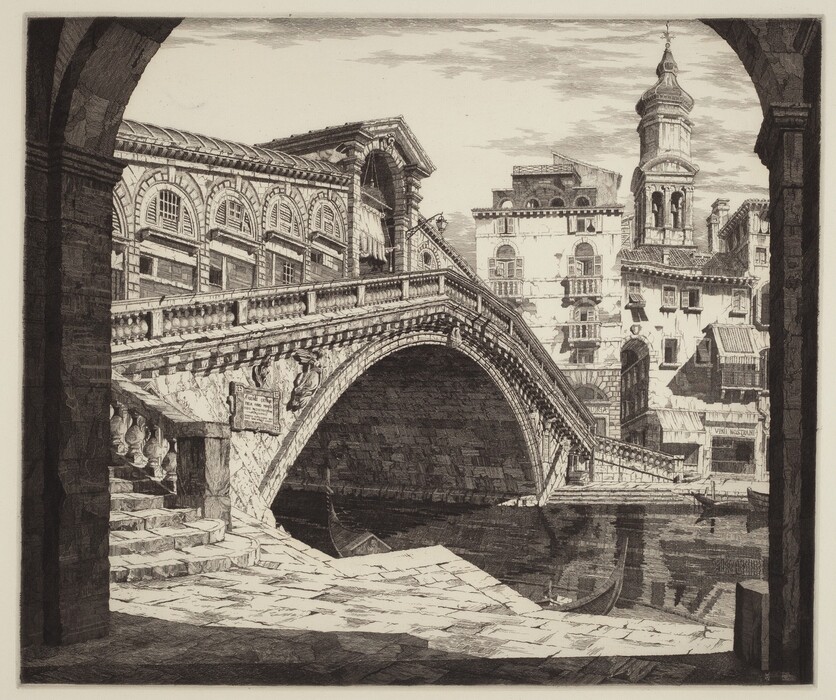 The image displays a view of a bridge, potentially the Rialto Bridge, seen from below an archway which frames the scene. The perspective is slightly angled, highlighting the stonework and arched architecture of the bridge. Steps and stonework lead downwards to the canal where water reflects the structures above. In the distance, buildings with detailed windows and a tower with a pointed dome can be seen. The horizon is formed by the buildings against a lightly clouded sky. The artwork features detailed brushstrokes that suggest texture and depth, using a monochromatic color palette of sepia and black to emphasize architectural details and shadows.