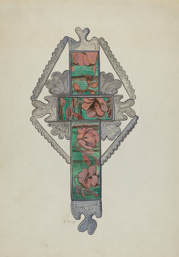 Tin and Painted Glass Cross, Church or Home Use
