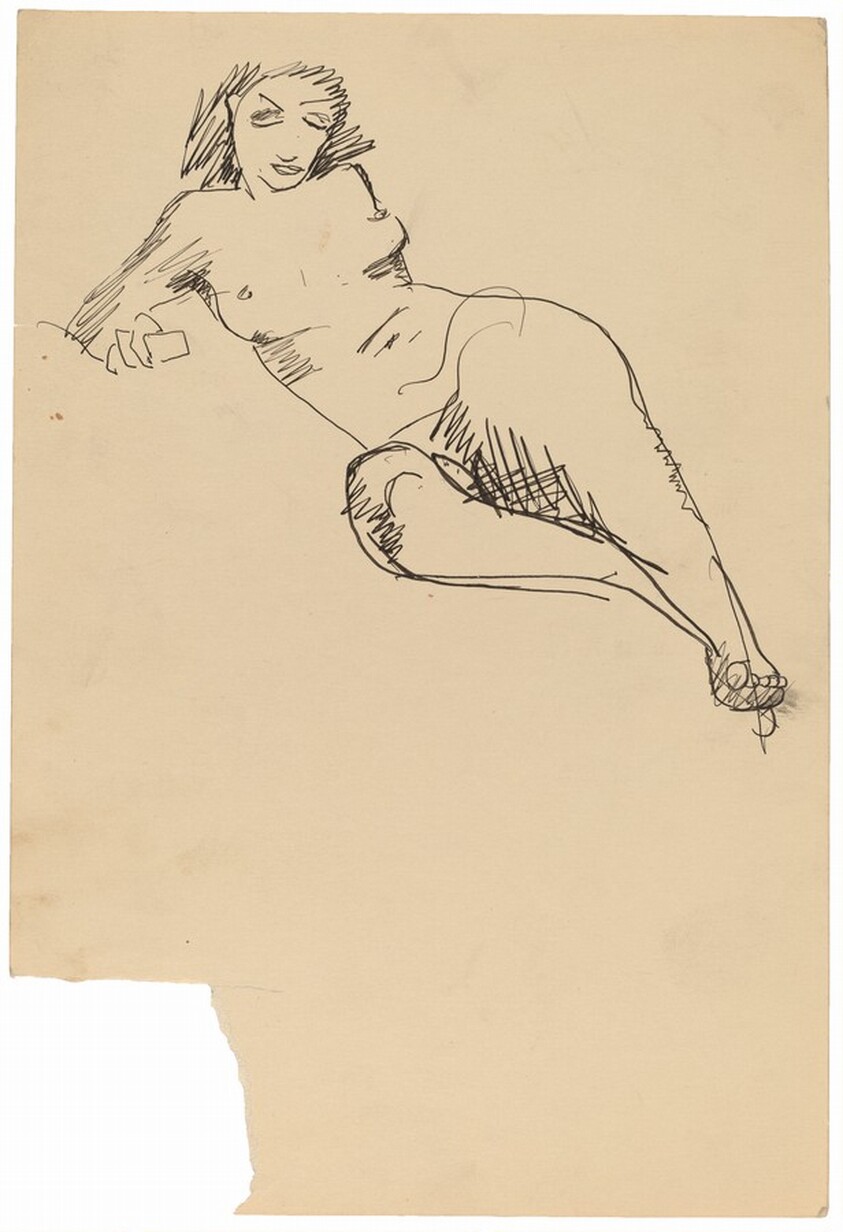 Reclining Female Nude Leaning to Left, Right Arm Supporting Torso