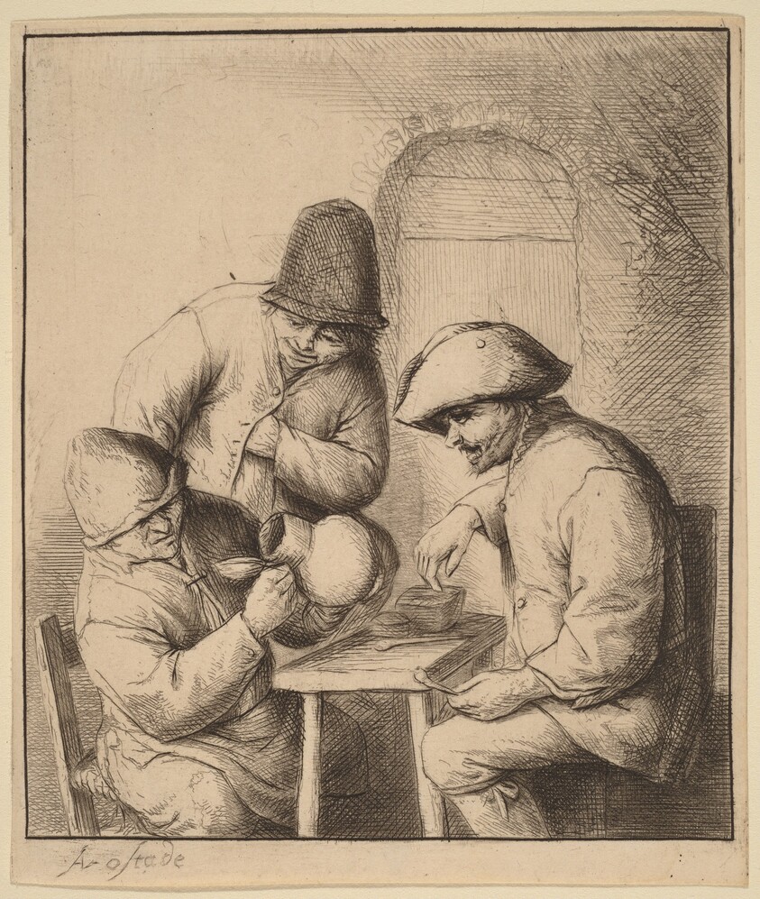 Three Peasants at an Inn, One Looking Down a Jug