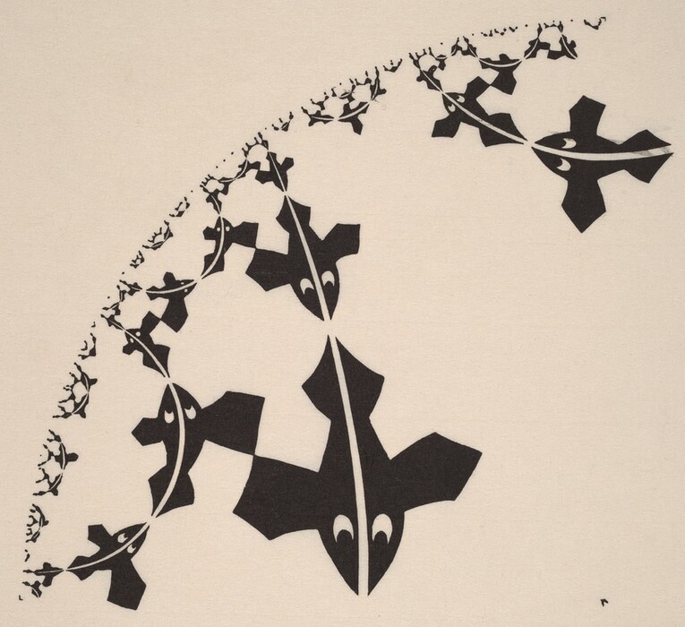 The image shows a series of geometric, cross-like shapes diminishing in size along an arc from bottom left to top right. The design is abstract and the shapes resemble simplified versions of birds or airplanes with pointed fronts and angular wings. Each shape has two eye-like markings, adding symmetry and a sense of liveliness. The repetition and scaling of the forms create a dynamic rhythm in the image.