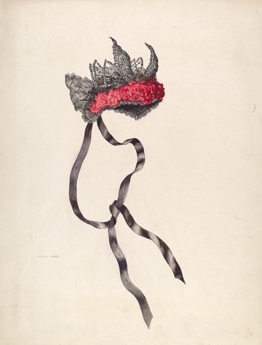 The image shows a woman's bonnet embellished with black lace, pink flowers, and long black ribbons. The color scheme includes black, pink, and a neutral background.