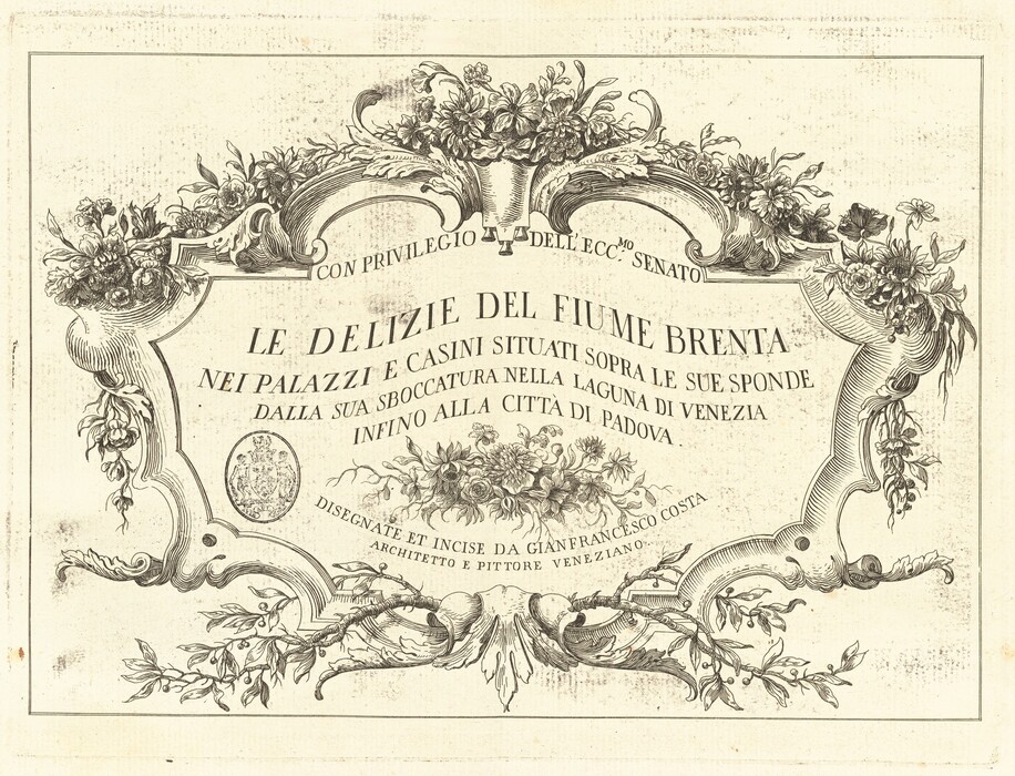 This is a drawing of an ornamental frame surrounding text. The drawing features a decorative cartouche filled with intricate floral arrangements and embellishments surrounding the central text. The floral designs are elaborate, gracefully flowing into the edges of the frame. At the top, there are ornamental swirls and detailed depictions of flowers, while the lower section includes delicate foliage and what appears to be ribbons intertwined with the botanical elements. The text inside the cartouche provides the title "LE DELIZIE DEL FIUME BRENTA" and describes locations along the Brenta River, linking Venice and Padua. The piece is credited at the bottom to Gianfrancesco Costa.