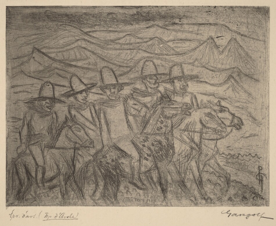 The image shows a group of figures near the center, drawn in a sketch-like style. The viewpoint is flat, allowing easy engagement with the figures. The horizon is high, with hills and mountains in the background. The line work emphasizes form and outline, using a grayscale color palette. In the distance, the landscape continues with texture and shading, providing depth and continuity beyond the figures.