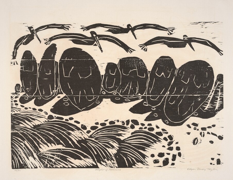The image shows a view from a low vantage point, featuring large black shapes resembling rocks or cliffs and silhouettes of birds flying above. The brushstrokes within the shapes are sharp and angular, typical of a woodcut print style. The color palette is stark with high contrast between black and off-white. There are swirling wave-like patterns near the bottom suggesting movement of water against the rocks.
