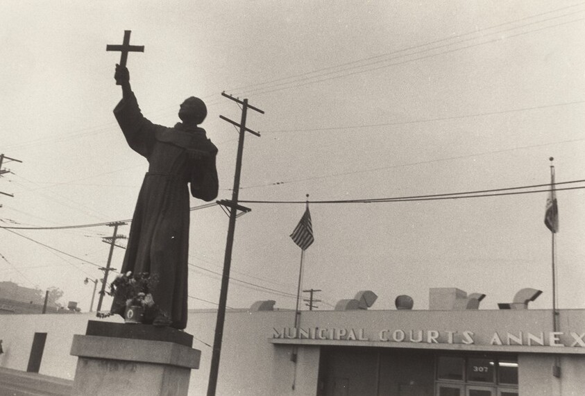 Statue of saint before municipal courts annex--Los Angeles