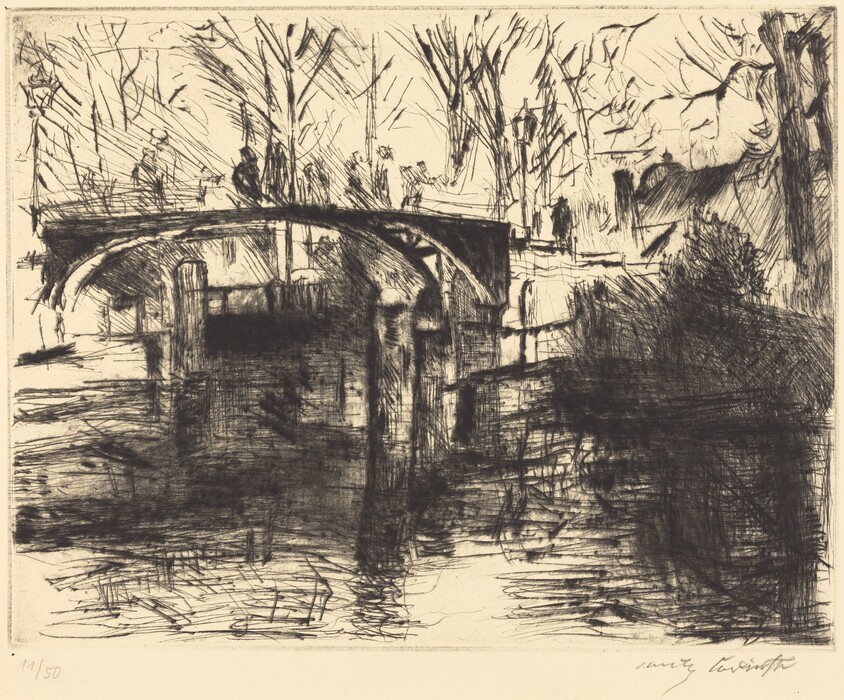 The image is an etching depicting a scene with a bridge slightly above the center. The bridge's line marks the horizon, with figures moving along it. In the distance are tree branches reaching upward, creating a web-like pattern. A lamppost is on the left of the bridge. The style features energetic brushstrokes and line work. The color palette is monochromatic, with dark shades against a lighter background. Water in the foreground reflects the bridge and vertical pole details, blending with the background lines.