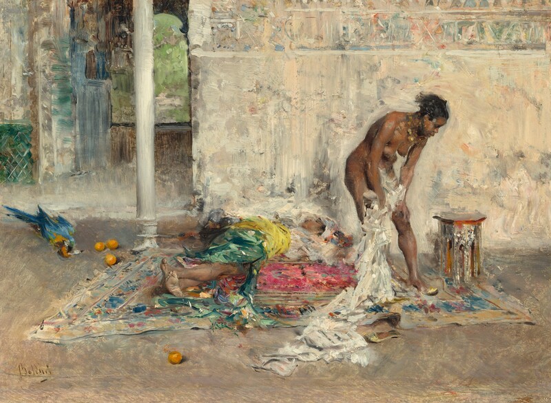One person with brown skin lies on a patterned carpet and a nude woman, also with brown skin, stoops and holds a white cloth to her thighs in this loosely painted horizontal scene. A wall, painted with streaks and smudges of fog gray, white, and pale peach, spans the right two-thirds of the composition behind the people. In the leftmost third, a room bumps back in space, and an arched window there opens onto a view painted with strokes of shamrock green. We may be in a courtyard or another kind of brightly lit, enclosed space. The rug is loosely painted with visible dashes and dabs of raspberry pink, sapphire blue, mint green, pale yellow, white, and brown. The person lying on the rug is angled away from us, so the bare feet are closest, near the front left corner of the rug, and the head angles to our right, near the wall. That person is wrapped with white fabric over the head and chest, lemon-yellow fabric across the middle, and emerald green over the thighs. One ankle rests over the other, and the eye we see is closed. The nude woman stands just to our right, near the front right corner of the rug. Her black hair is short or pulled up. Dabs of gold around her neck suggest a coin-like necklace or large, round beads. Her full breasts hang as she holds the white cloth to her legs. The cloth is painted with short diagonal strokes, which cascade down her right leg, to our left, and pool on the floor. The toes of the foot we can see rest on the back of a pointed shoe painted with butter yellow and black. The other shoe sits just off the front edge of the rug, near the pooled white fabric. A side table with an octagonal top is at the back right corner of the rug, and is painted with crimson red, black, white, slate blue, and harvest gold. One orange is on the floor near the white fabric, and three more are near the back left corner of the carpet. A parrot, painted with an azure-blue body, white around the eye, a marigold-orange neck, and a pointed black beak, nibbles at an open orange on the floor nearby. A narrow white column rises from near the back left corner of the rug off the top edge of the painting. The wall behind the two people and the spaces in the room beyond, to our left, are loosely painted but with strokes that suggest geometric or lattice-like patterns. The artist signed the painting near the lower left: “Boldini.”