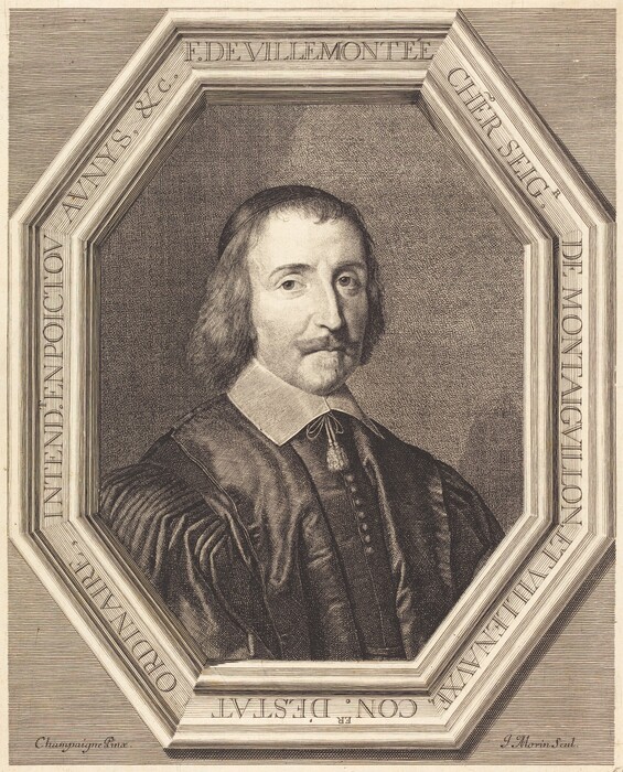 The image is a portrait showing the upper half of a man's body. He is positioned facing slightly to his right, with his head turned towards the viewer. The man has a narrow face, a mustache, and a thin beard on his chin. His hair is medium-length and wavy, extending to the level of his shoulders. He is wearing a formal garment, which looks like a robe with pleated detailing, and a white collar with a tassel at the neck. The background consists of a detailed line-engraved texture, and the portrait is framed within an octagonal border with engraved text running along its edges. The text on the frame contains various inscriptions.