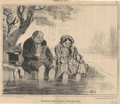 “Une lecture intéressante et rafraichissante”. The image shows two individuals seated outdoors near a body of water with their feet submerged.
