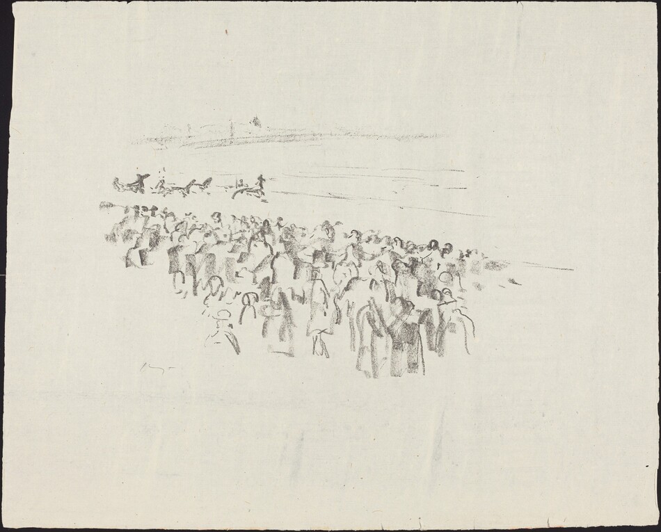 The image displays soft, dark lines and shapes forming an abstract scene. The lines resemble a crowd of people with oval-shaped heads and body outlines. Some horizontal lines above suggest an abstract horizon or boundary. The composition evokes a sense of a group gathering or assembly, depicting multiple individuals in a bustling environment.
