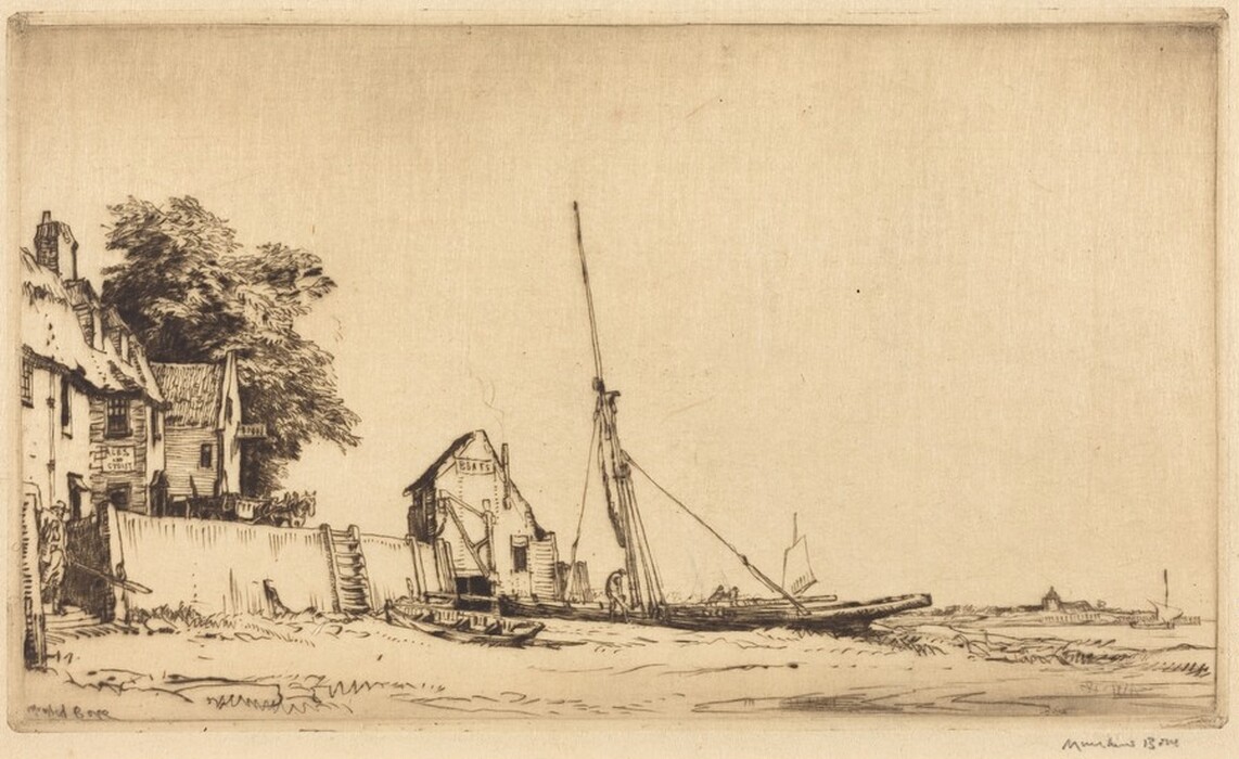 The image shows a shoreline with buildings, trees, a fence, steps, rowboat, sailboat, and a boat with raised sails. The artwork features intricate details and a color palette of sepia tones.