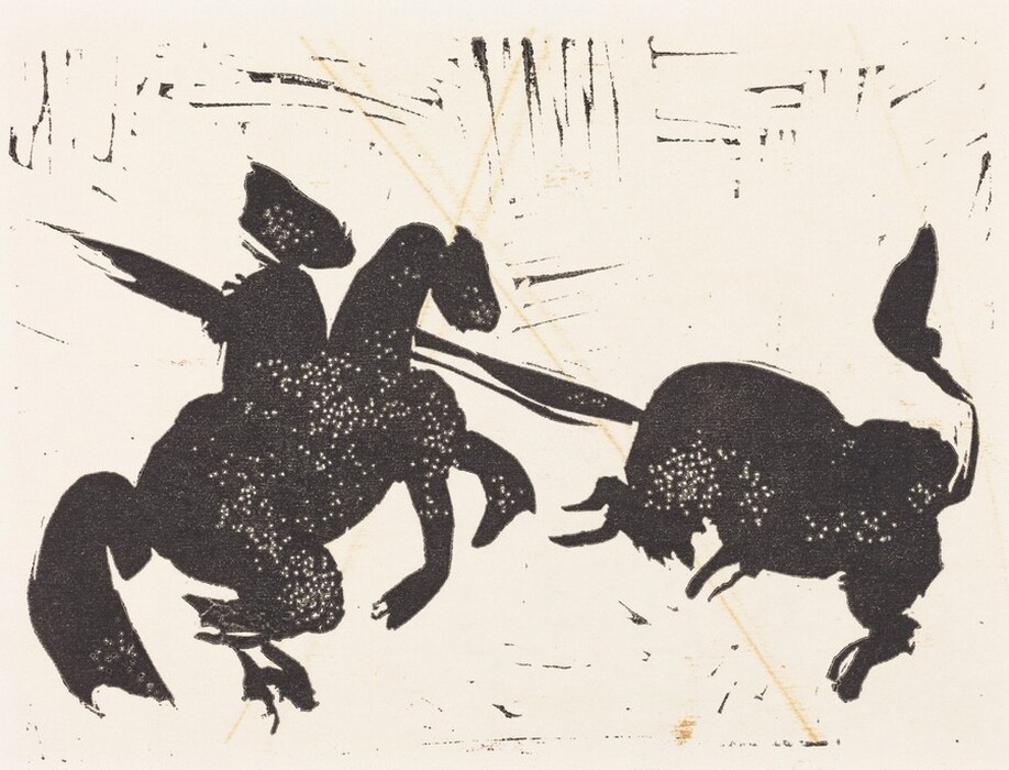 The image shows bold black shapes and lines against a light background. Two forms with intricate star-like patterns are visible. The shape on the left suggests a figure with a helmet and spear, while the right shape resembles an animal with pointed ears and a tail.
