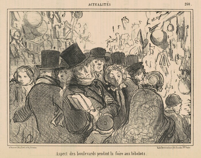 The image portrays a crowd scene with individuals shown from the waist up. The group is tightly positioned, suggesting a busy environment. Most individuals are men, with at least one woman visible in the center. The men wear dark, high-collared coats and tall top hats. The woman has wide eyes and a small mouth, wearing a bonnet and cloak, with hair peeking out in curls. All individuals have exaggerated, expressive features. The background is filled with market goods like vases and lanterns, indicating a marketplace setting. The scene is captured in black and white, highlighting the lively setting of the street fair.