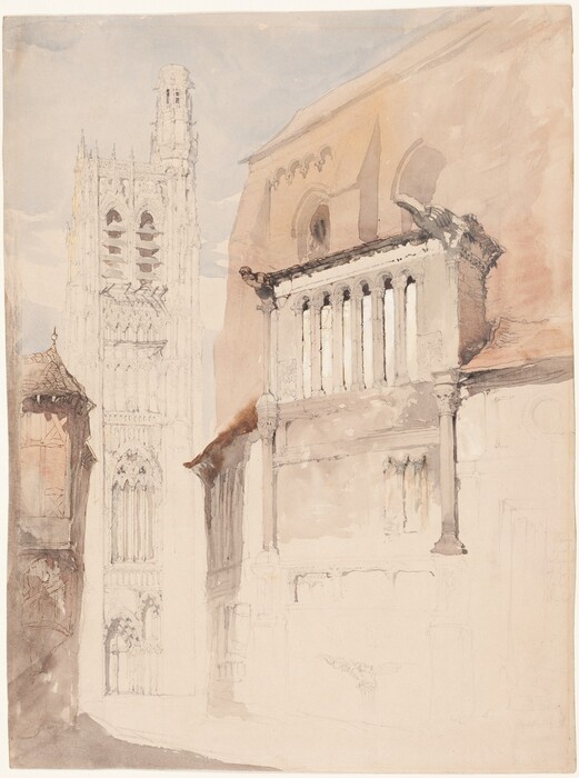 Two buildings nearly meet on either side of a more distant white cathedral tower in this loosely rendered watercolor drawing. The building to the right takes up two-thirds of the composition, and has a tall, pale brown roof, round-topped arches, and a section with gray engaged columns and pillars. The bottom zone is loosely sketched in with a few faint gray lines. Farthest from us, the white tower between the other two buildings has four levels of pointed arches. A spire extends from the right front corner of the tower, and the top edge of the entire structure is lined in spiky ornamentation. The third building, close to the left edge of the sheet, is a two-story wood structure with a tiled roof. The sky is painted ice blue in the narrow slivers between the buildings with some blank areas suggesting streaks of clouds. Cursive writing in graphite along the right edge of the paper reads, “Stairs and columns of Gothic arch Building.”
