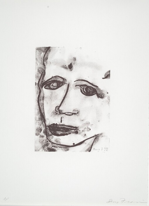The image shows a close-up drawing of a person's face, with the head and a small part of the neck visible. The face is depicted from the front, slightly tilted to the right. It features prominent eyes, a simplified nose, full lips outlined with dark lines, and minimal detail in the hair. The person is not wearing any visible clothing, and the focus is on the facial features. There are no objects or jewelry included in the image. The background is monochrome with a textured space, emphasizing the drawn face. In the bottom corner, there is a signature by the artist and a date, "Aug 8, 73."
