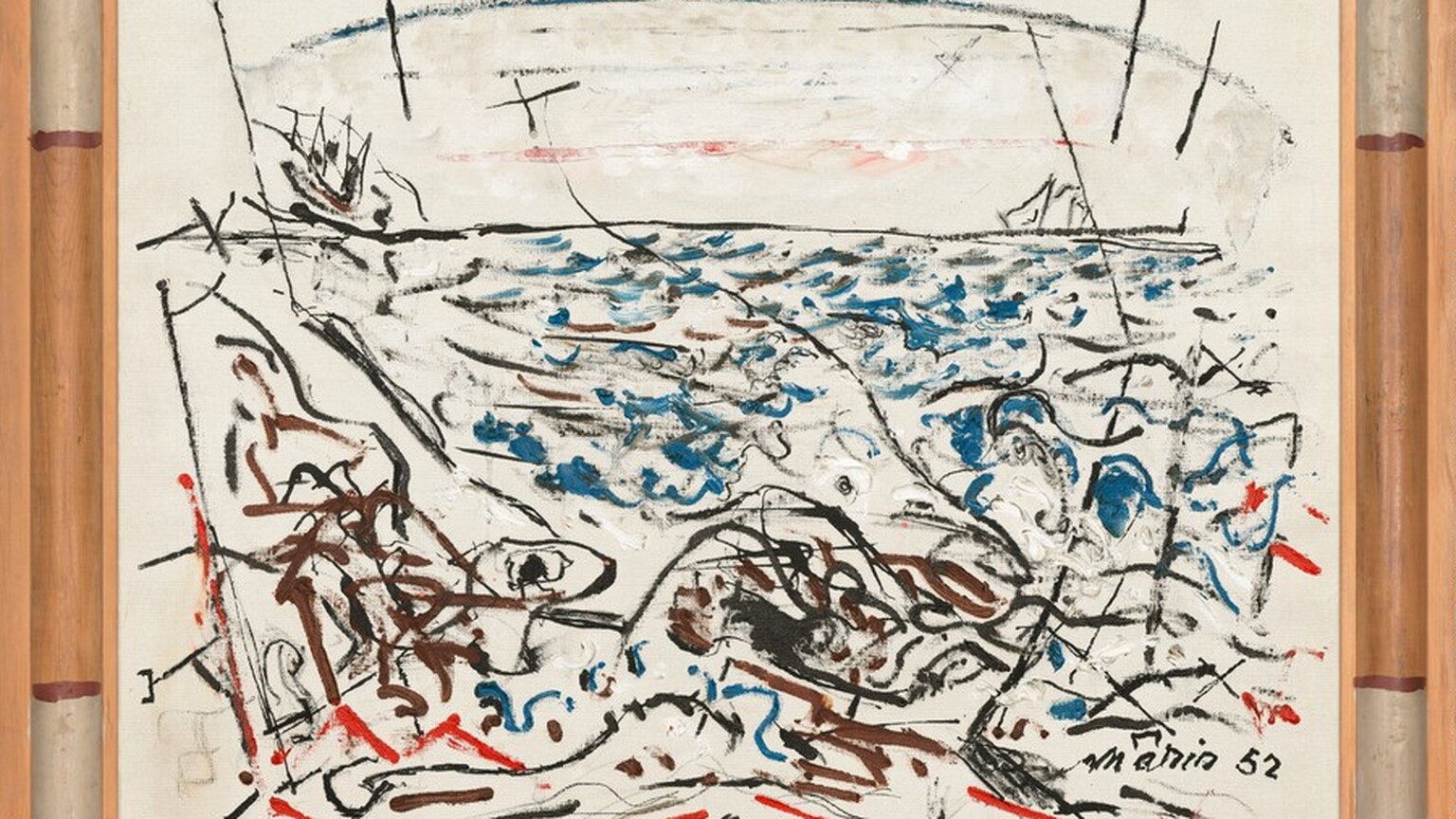 Bold strokes and fainter smudges of black, blue, red, brown, and white dance across a white ground in this painting to suggest an abstracted seascape. A long, horizontal black line three-quarters of the way up the canvas suggests the horizon line. An arched line above seems supported by diagonal lines at the left and right edge, to suggest the span of an arched bridge in the distance. Blue squiggles are mostly contained within the center of the composition to suggest water while brown lines and red marks fill the lower corners, perhaps alluding to a beach or shoreline. The artist signed the work with black letters and the date in the lower right corner: “Marin 52.” The frame has been painted white in the corners and tan on each side, with darker brown lines separating the alternating bands of white and light brown.