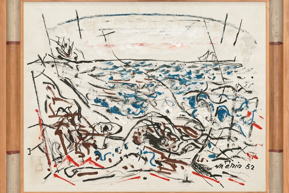 Bold strokes and fainter smudges of black, blue, red, brown, and white dance across a white ground in this painting to suggest an abstracted seascape. A long, horizontal black line three-quarters of the way up the canvas suggests the horizon line. An arched line above seems supported by diagonal lines at the left and right edge, to suggest the span of an arched bridge in the distance. Blue squiggles are mostly contained within the center of the composition to suggest water while brown lines and red marks fill the lower corners, perhaps alluding to a beach or shoreline. The artist signed the work with black letters and the date in the lower right corner: “Marin 52.” The frame has been painted white in the corners and tan on each side, with darker brown lines separating the alternating bands of white and light brown.