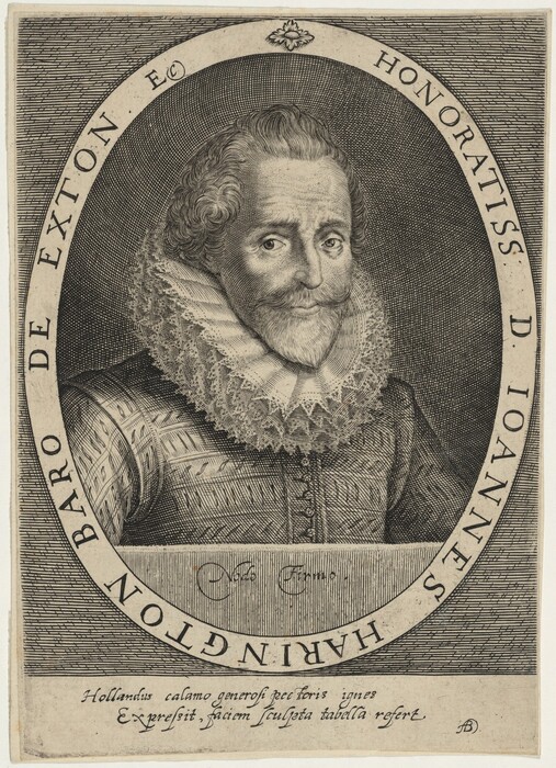 The image shows an engraving of a man's upper body, depicted in a formal seated or standing position. His head is slightly turned towards his right, looking directly at the viewer. He has a distinguished facial structure with a well-groomed mustache and beard. His hair appears curly and neatly styled, slightly receding at the temples. He wears an elaborate outfit adorned with a high, lace ruff collar and a patterned garment that suggests formality and status. Encircling his portrait is an oval frame with inscriptions. No jewelry is visible, and he is not holding any objects. The background is filled with intricate line work, typical of an engraving, and the frame includes additional text and decorative elements outside of the oval.
