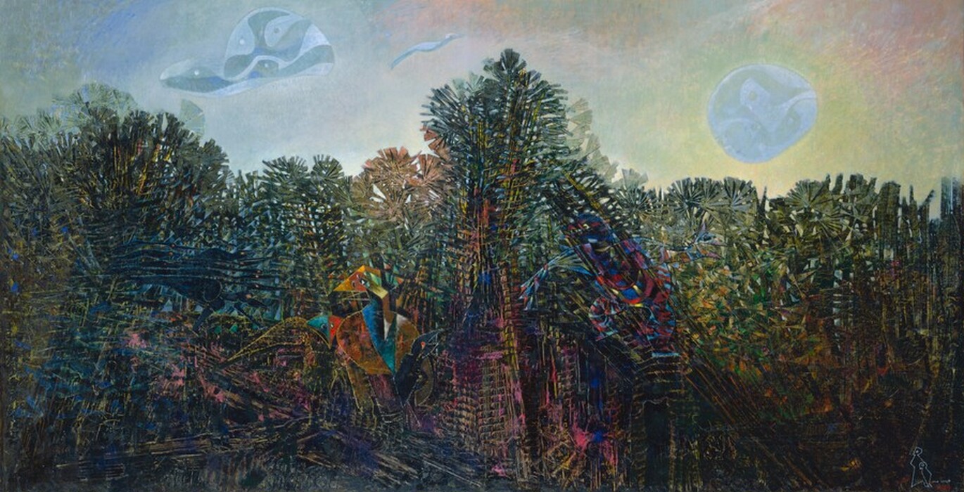 Blades of forest, pine, and sage green intermixed with slivers of cobalt and sky blue, crimson red, and rose pink create a band of abstracted tree-like forms across this horizontal painting. The blues, red, and pink are concentrated on a structure, presumably a tree, at the front center. To our left of center, geometric shapes like circles, triangles, and rectangles create the impression of a beaked bird, with each shape being fractured into bands of emerald green, royal blue, brick red, and butter yellow. Closer examination finds other birds nearly obscured within the dark, accordion-like patterns of the leaves, including a flock of red-eyed, black, razor-like birds to our left and another creature with a bird-like head and humanoid body to our right. Across the top third of the composition, the sky is pale blue to our left and brightens to shell pink and then light yellow around a disk-like form, to our right. A couple geometric, stylized shapes read as clouds near the upper left corner. Next to a tiny, white line drawing of two abstracted, animal-like forms in the lower right corner, the artist signed his name, “max ernst,” in white paint and the date, “1939” in red.