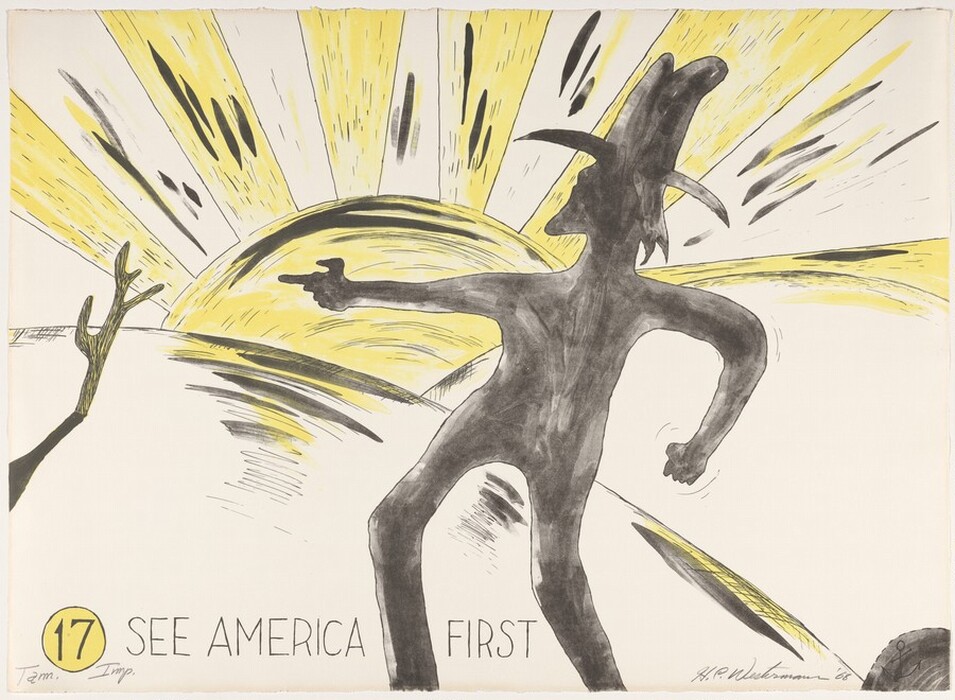 The image shows bold black lines forming an abstract silhouette of a figure with outstretched arms against a vivid yellow and black sunburst pattern. The figure appears to be wearing a tall hat and pointing in one direction. A leafless branch rises next to the figure, mirroring its curves. The phrase "SEE AMERICA FIRST" is displayed at the bottom of the image.