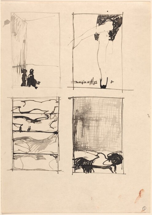 The image consists of four rectangular sections, each containing different abstract lines and shapes drawn in ink. In the top left rectangle, two figures resembling people appear to be sitting side by side, silhouetted against a sketchy vertical backdrop. The top right rectangle shows an abstract form that could evoke the idea of a tall, elongated figure. The bottom left rectangle contains horizontal, wavy lines across three sections. The bottom right rectangle displays crosshatched lines creating a textured area, with a form at the bottom that might be reminiscent of a reclining figure.