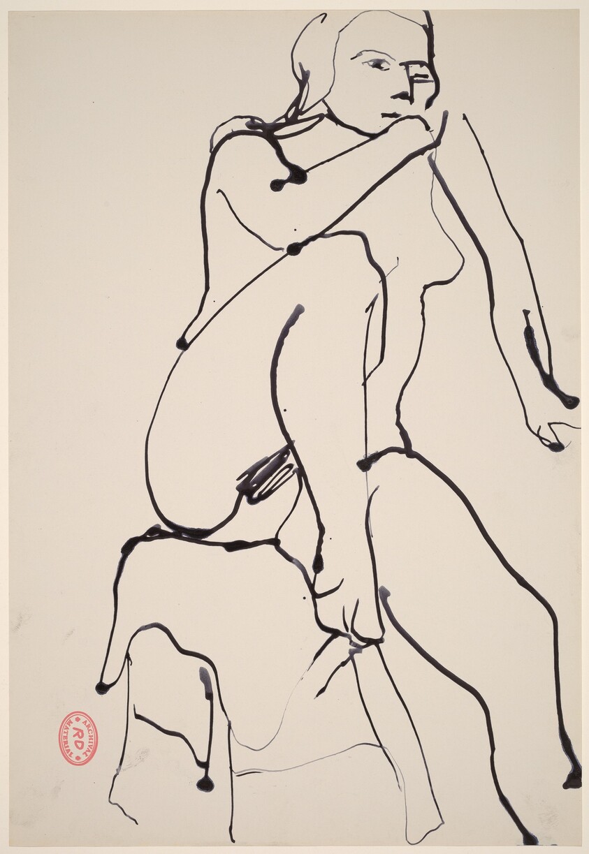 Untitled [nude on a draped stool with her right foot on the seat]