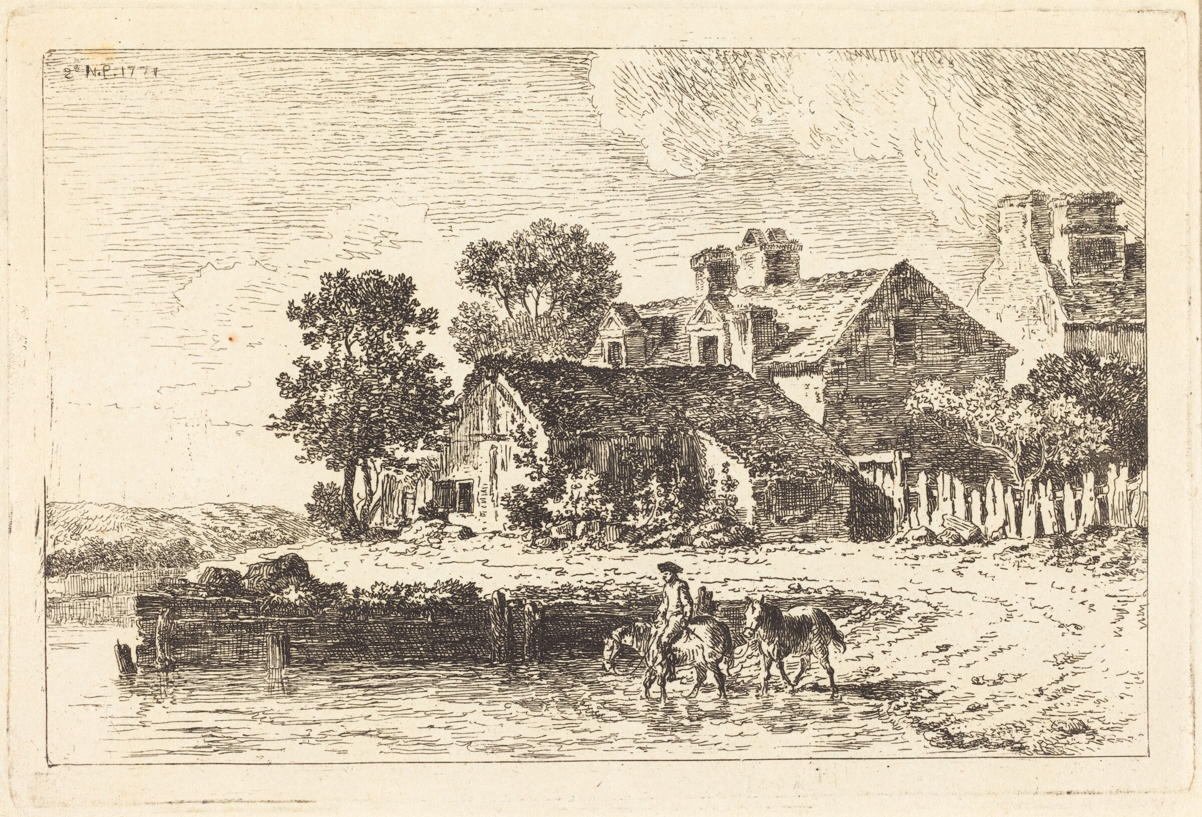 Horses Being Led to Water on a Winding Riverbank, Nicolas Pérignon, 1771